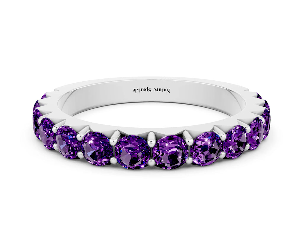Round Amethyst Polished Half Eternity Band in Silver with Classic Prong Setting