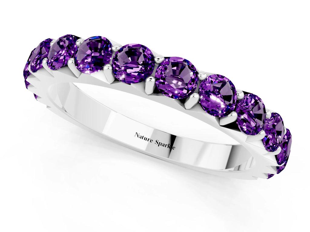 Round Amethyst Polished Half Eternity Band in Silver with Classic Prong Setting