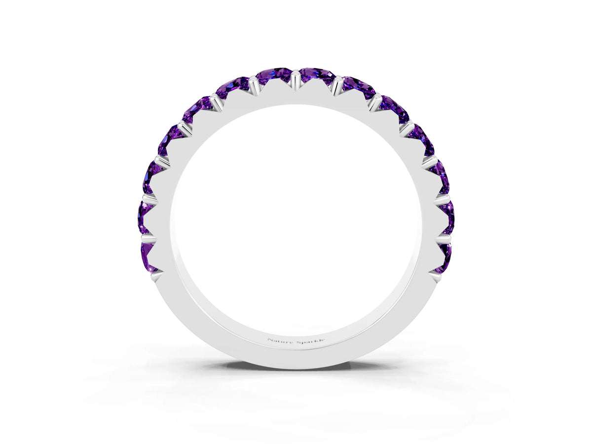 Round Amethyst Polished Half Eternity Band in Silver with Classic Prong Setting