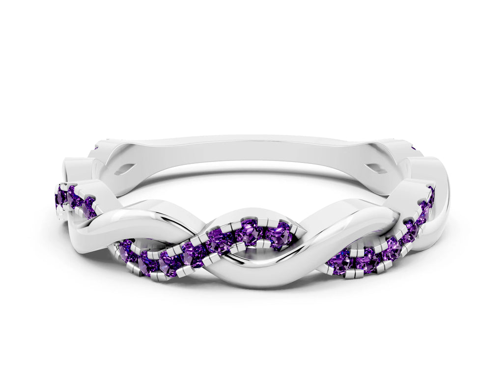 Round Amethyst Twist Eternity Band in Platinum with Pavé Setting