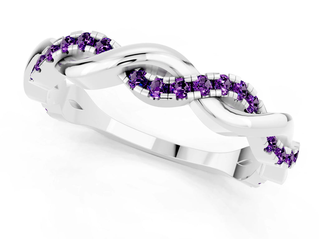 Round Amethyst Twist Eternity Band in Platinum with Pavé Setting