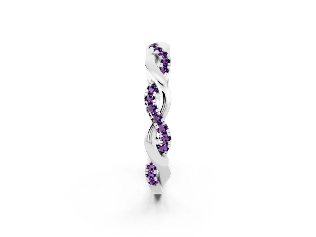 Round Amethyst Twist Eternity Band in Platinum with Pavé Setting