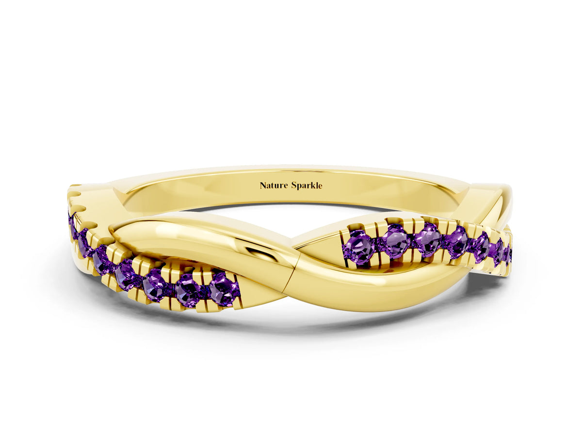 Round Amethyst Twisted Infinity Band in Yellow gold with Prong Setting