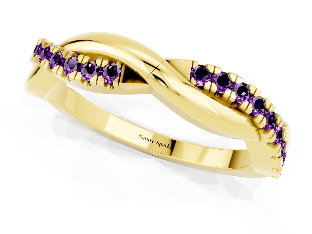 Round Amethyst Twisted Infinity Band in Yellow gold with Prong Setting