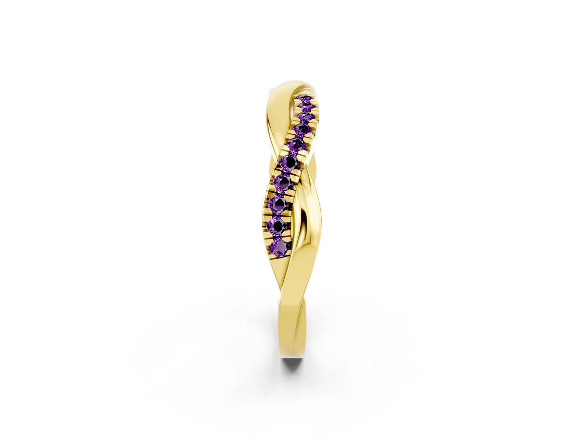 Round Amethyst Twisted Infinity Band in Yellow gold with Prong Setting