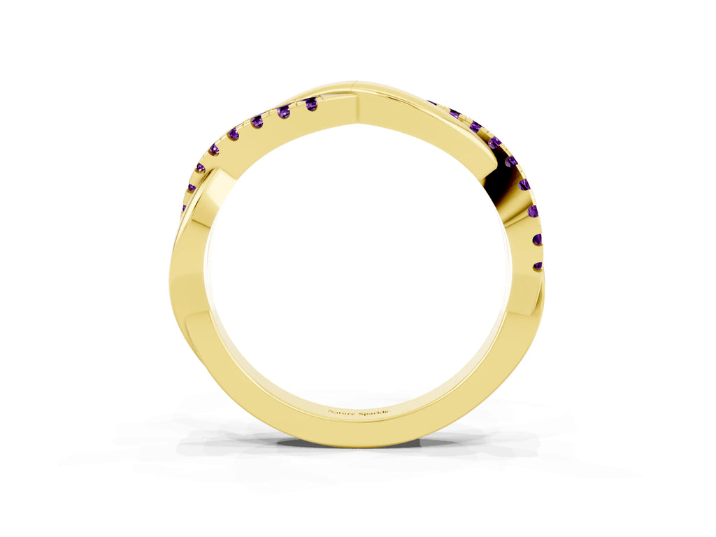 Round Amethyst Twisted Infinity Band in Yellow gold with Prong Setting