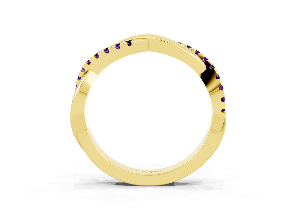 Round Amethyst Twisted Infinity Band in Yellow gold with Prong Setting