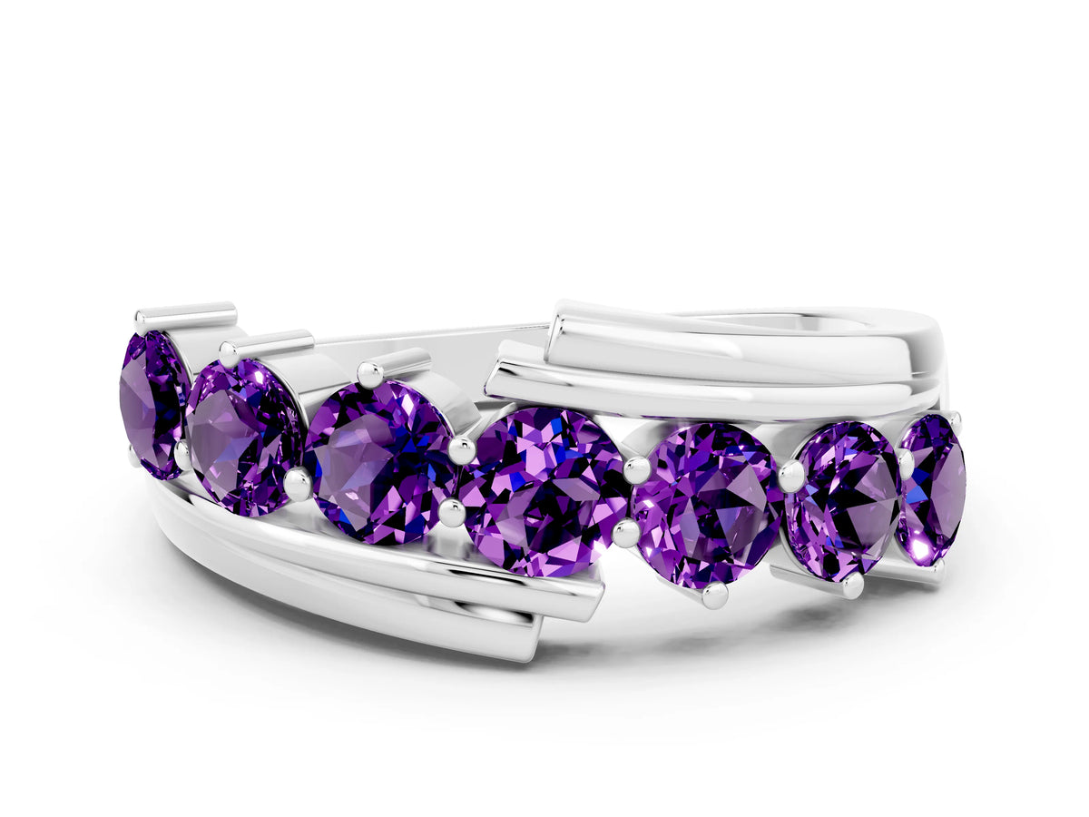 Round Amethyst Wave Band in Platinum with Channel and Shared Prong Setting
