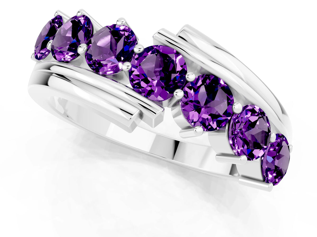 Round Amethyst Wave Band in Platinum with Channel and Shared Prong Setting