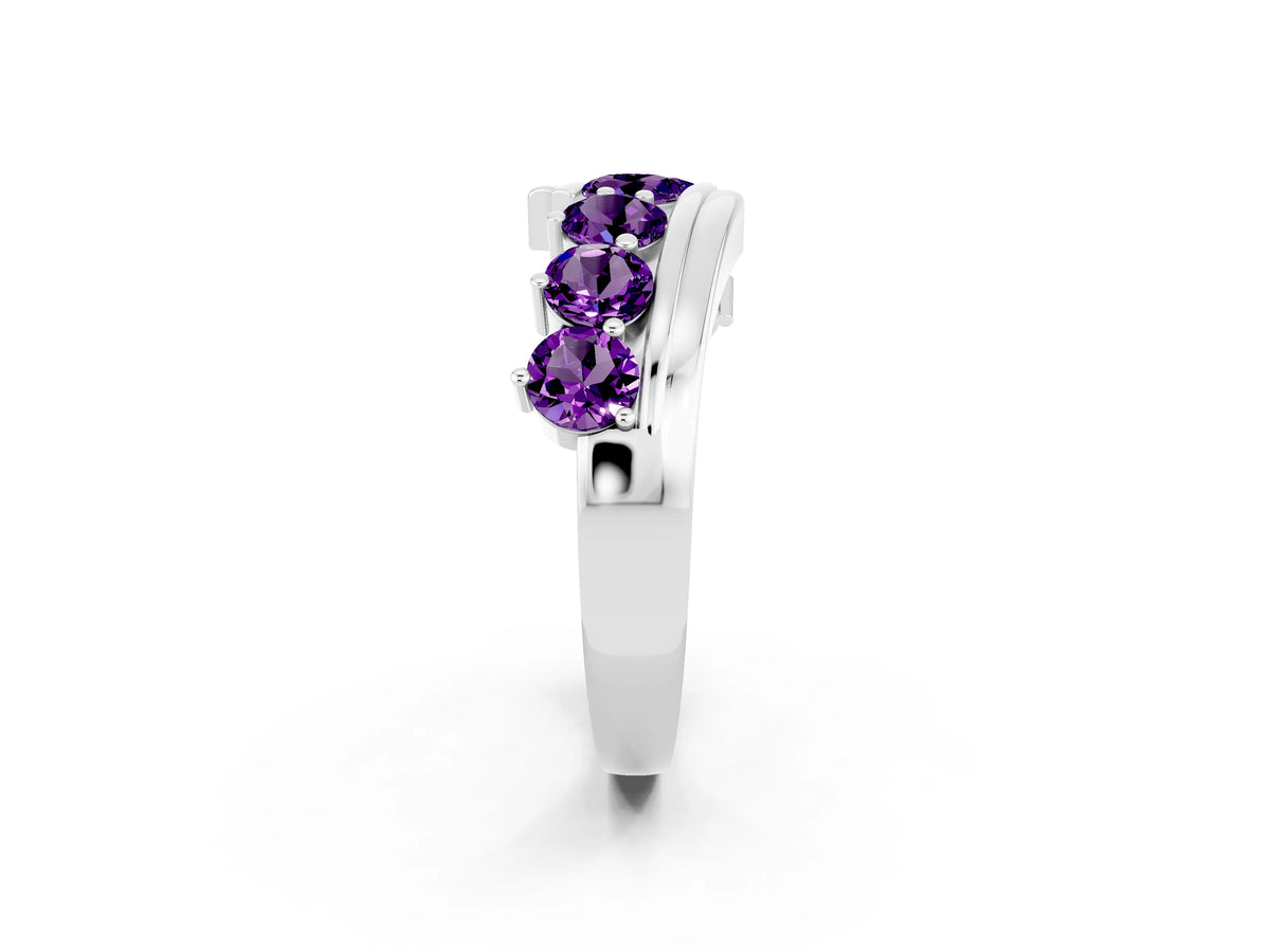 Round Amethyst Wave Band in Platinum with Channel and Shared Prong Setting