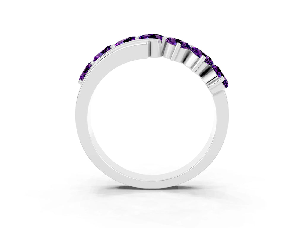 Round Amethyst Wave Band in Platinum with Channel and Shared Prong Setting