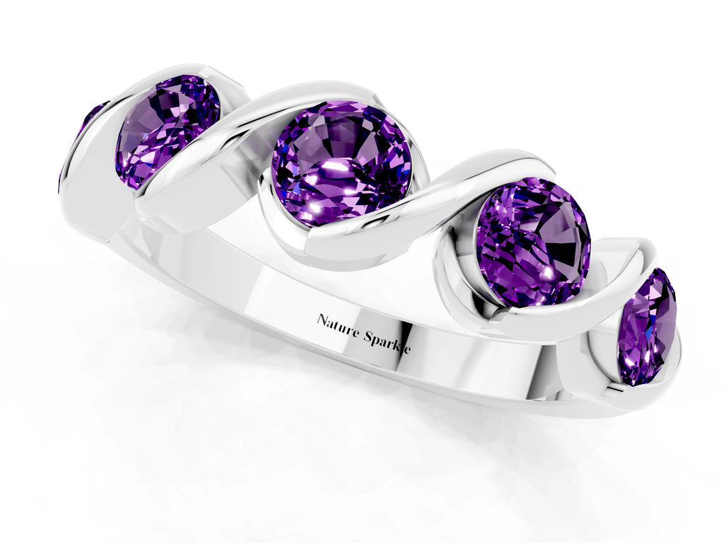Round Amethyst Wave Band in Silver with Channel Setting and Shared Prongs