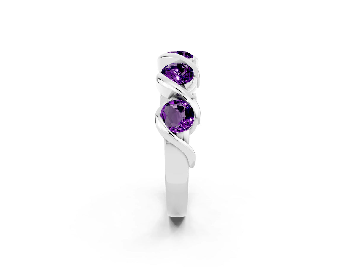 Round Amethyst Wave Band in Silver with Channel Setting and Shared Prongs