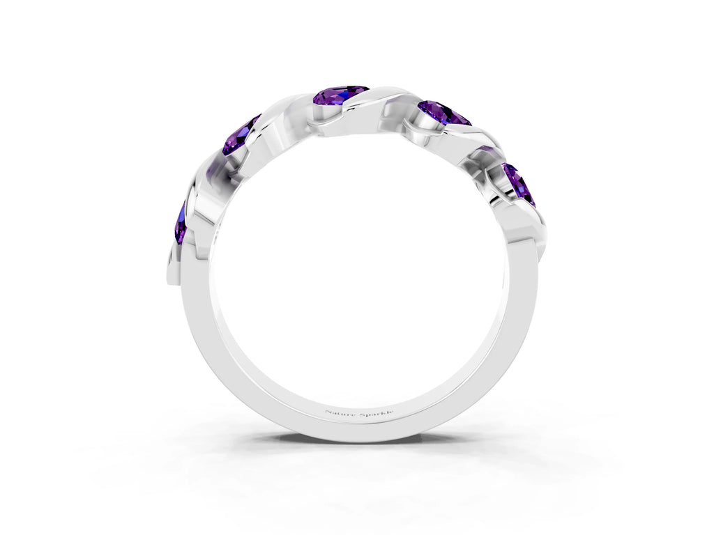 Round Amethyst Wave Band in Silver with Channel Setting and Shared Prongs