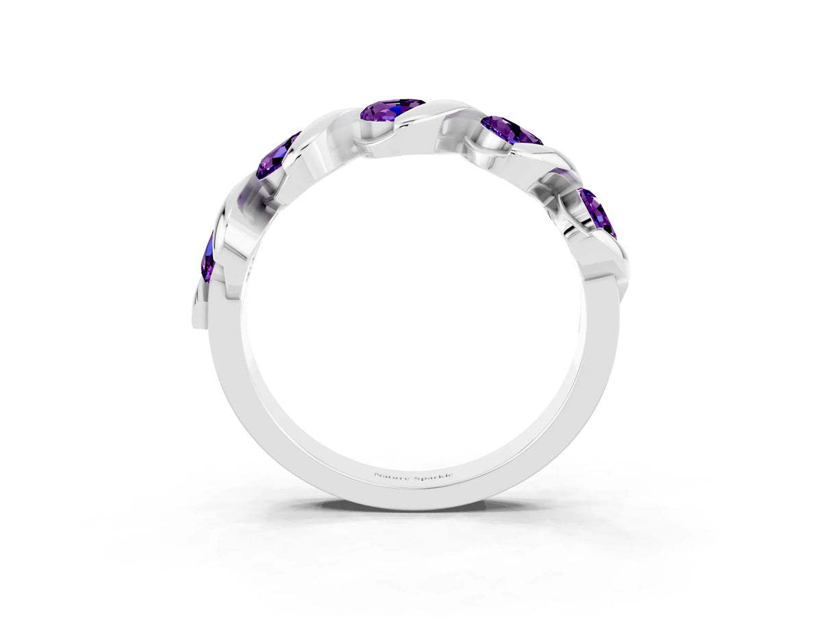 Round Amethyst Wave Band in Silver with Channel Setting and Shared Prongs