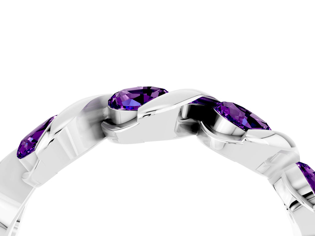 Round Amethyst Wave Band in Silver with Channel Setting and Shared Prongs