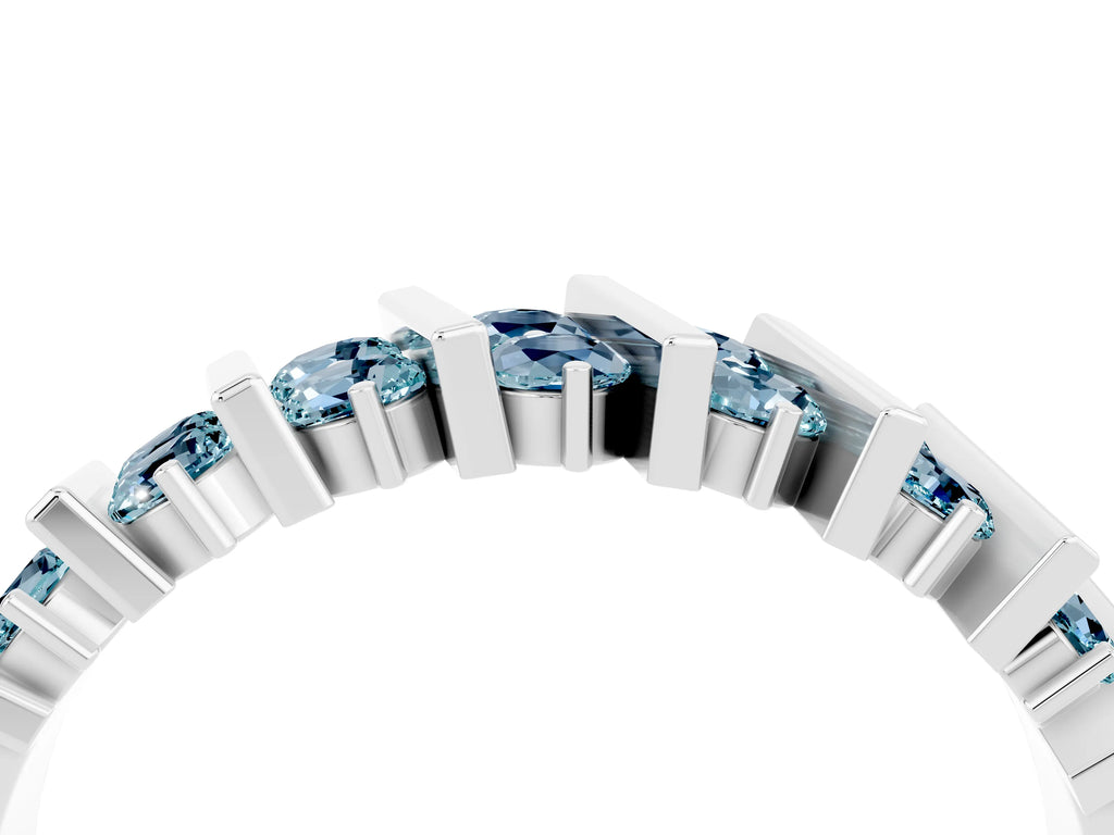 Round Aquamarine Anniversary Band in Silver with Channel Setting and Vertical Prongs