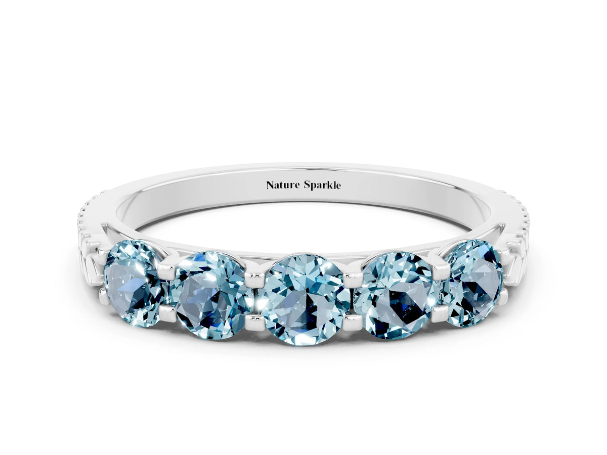 Round Aquamarine Five-Stone Band in Platinum with Prong Setting