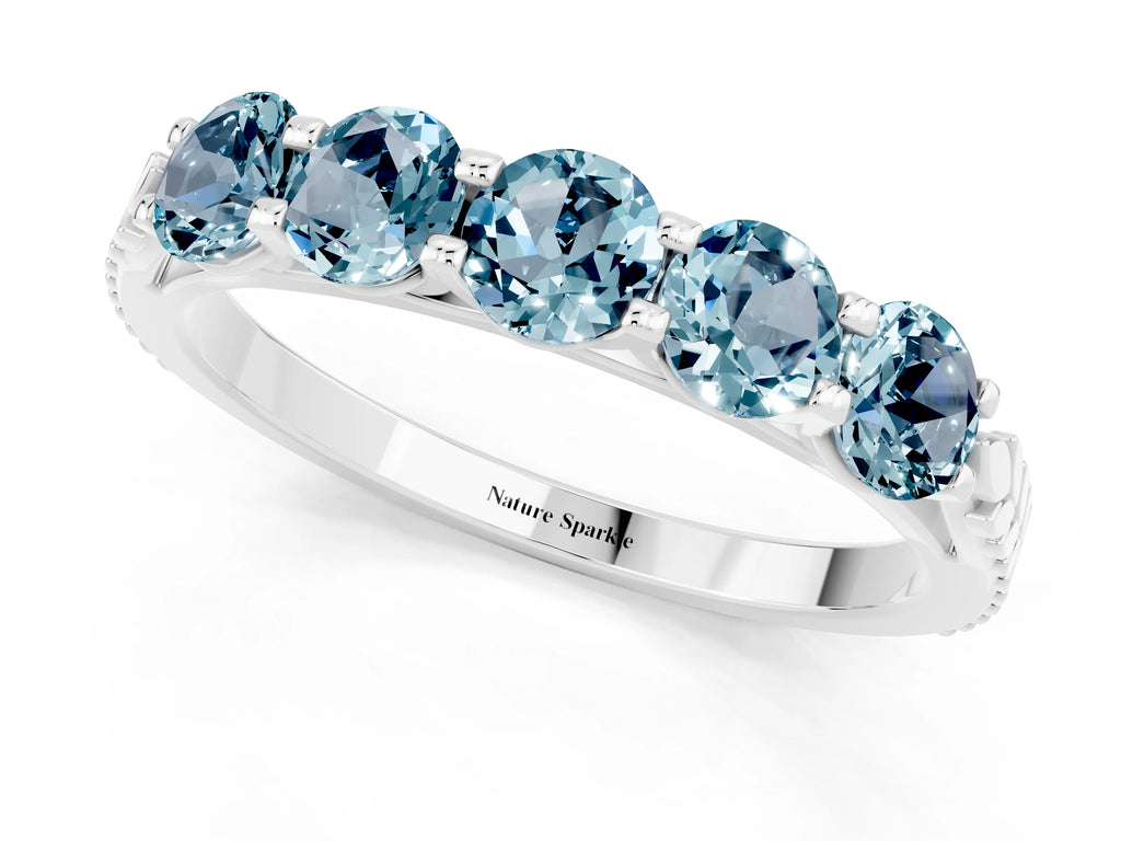 Round Aquamarine Five-Stone Band in White gold with Prong Setting