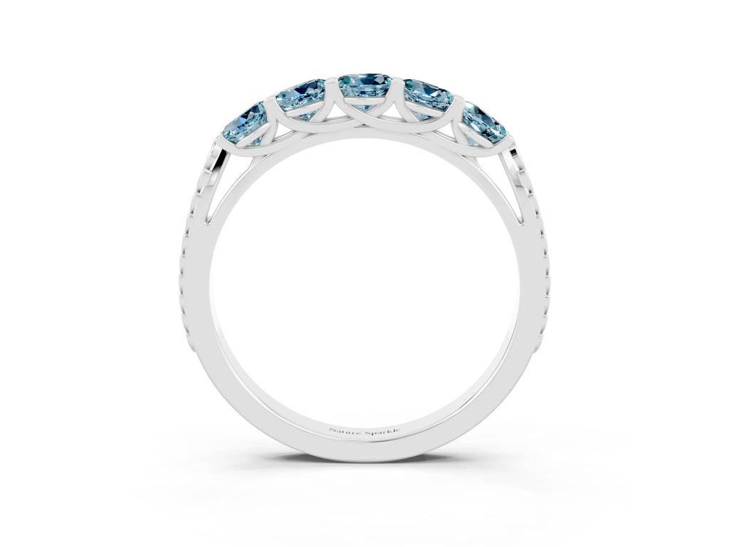 Round Aquamarine Five-Stone Band in White gold with Prong Setting