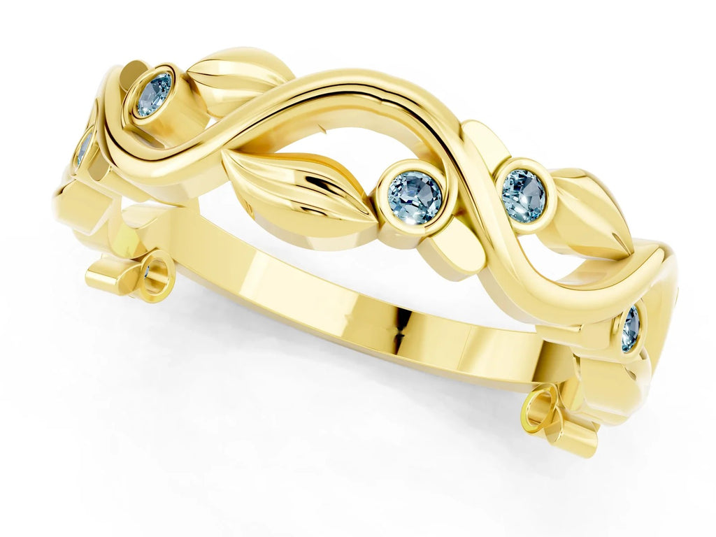 Round Aquamarine Leaf Motif Eternity Band in Yellow gold with Bezel Setting 