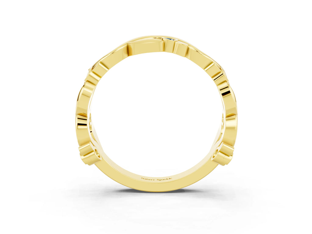 Round Aquamarine Leaf Motif Eternity Band in Yellow gold with Bezel Setting