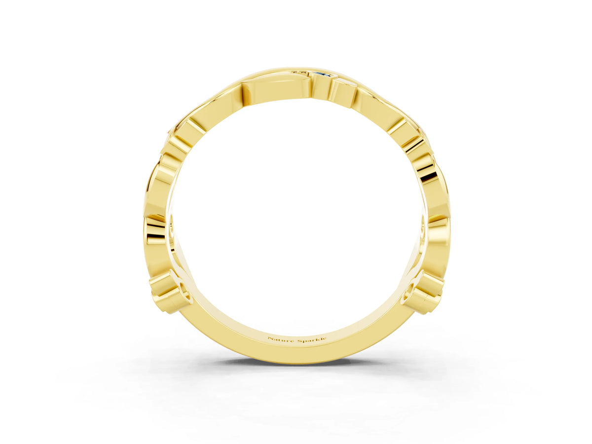 Round Aquamarine Leaf Motif Eternity Band in Yellow gold with Bezel Setting