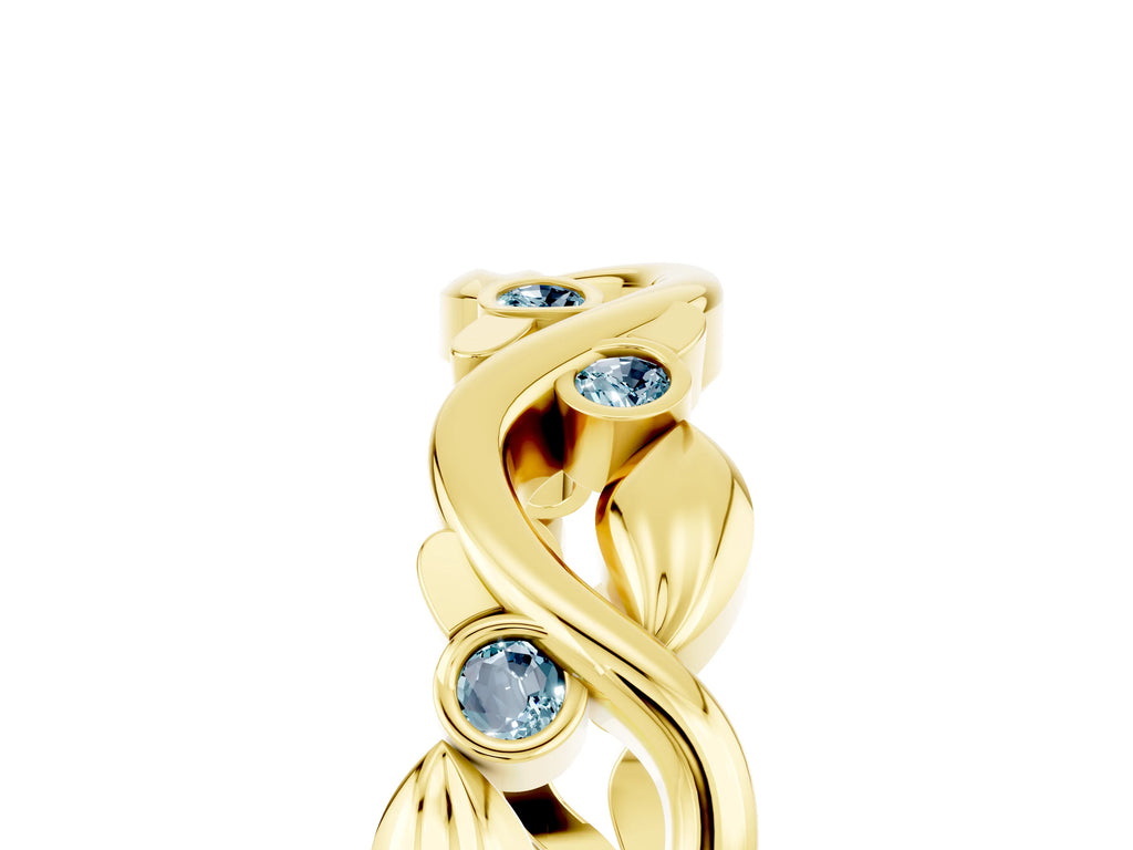 Round Aquamarine Leaf Motif Eternity Band in Yellow gold with Bezel Setting