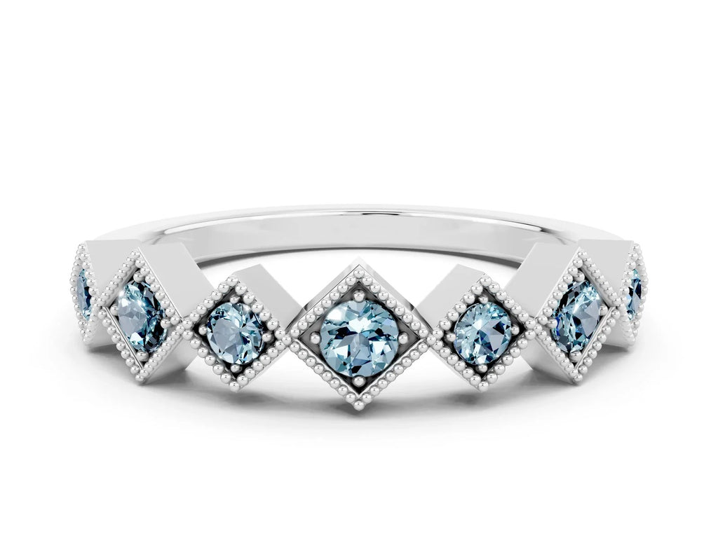 Round Aquamarine Square Bezel Chevron Band in Platinum with Milgrain Detailing 