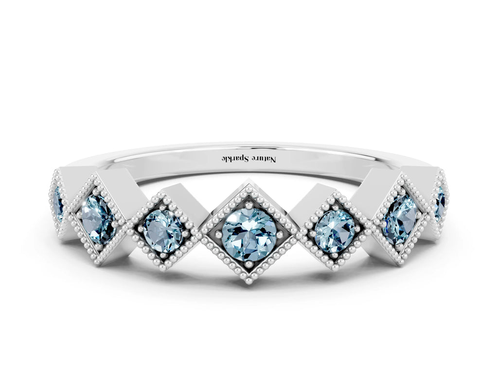 Round Aquamarine Square Bezel Chevron Band in Platinum with Milgrain Detailing