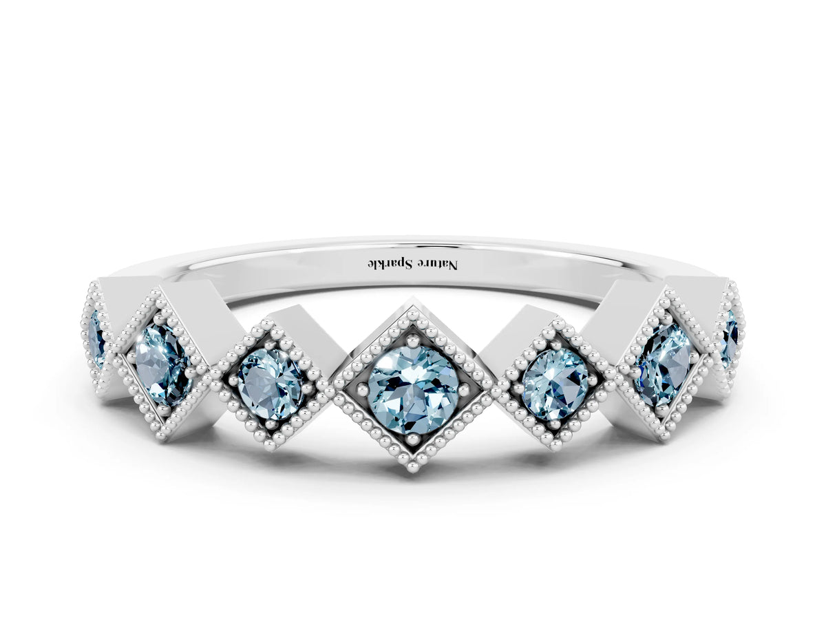 Round Aquamarine Square Bezel Chevron Band in Platinum with Milgrain Detailing