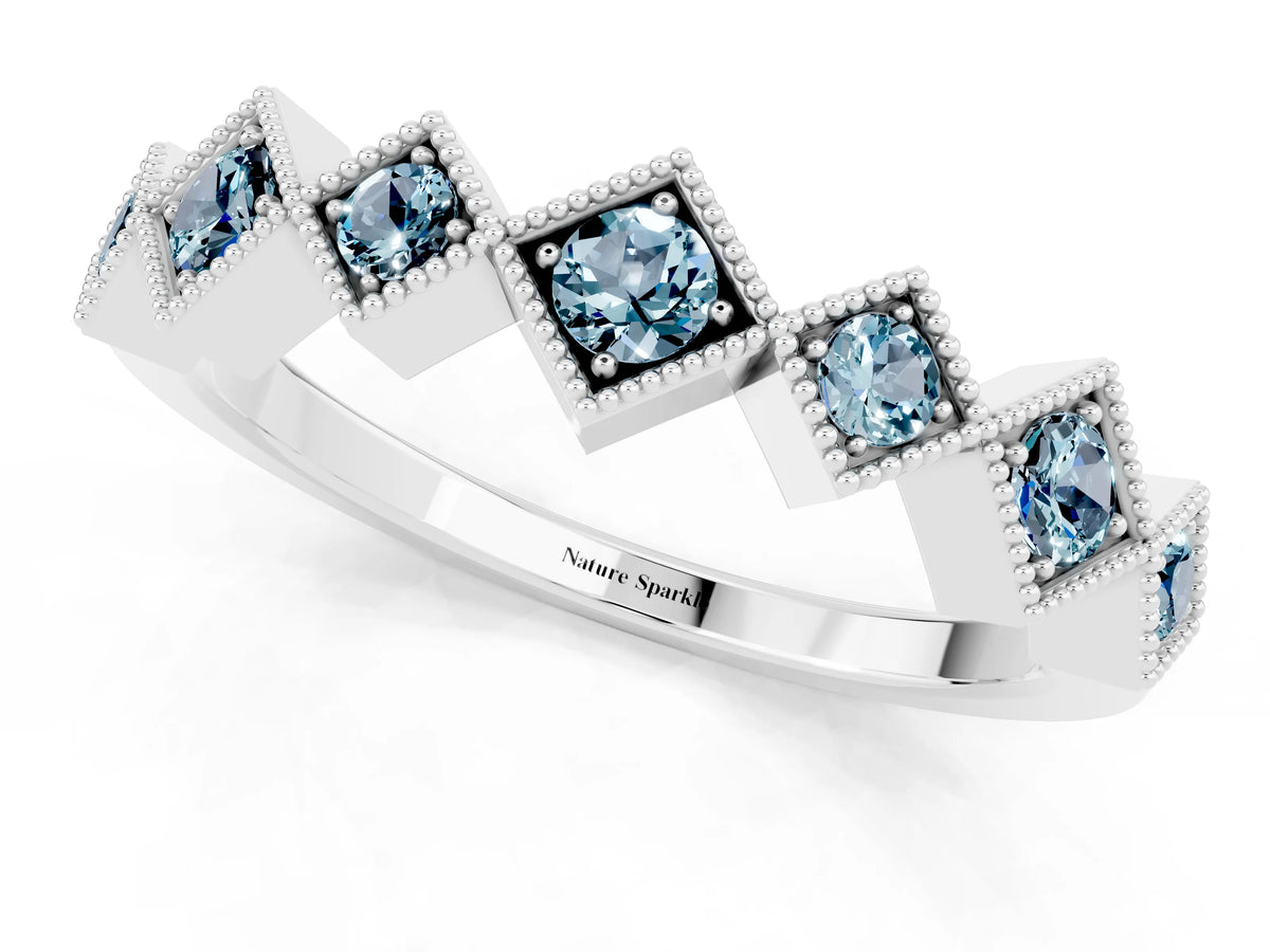 Round Aquamarine Square Bezel Chevron Band in Platinum with Milgrain Detailing
