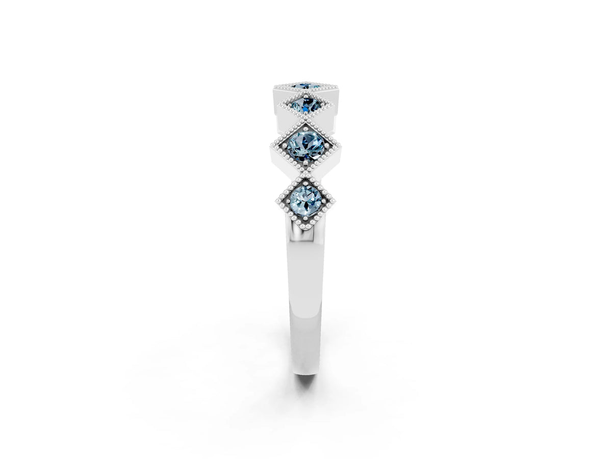 Round Aquamarine Square Bezel Chevron Band in Platinum with Milgrain Detailing