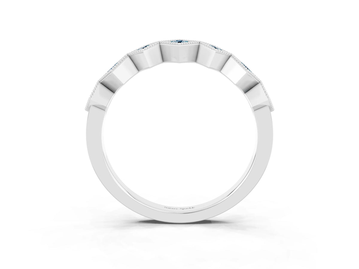 Round Aquamarine Square Bezel Chevron Band in Platinum with Milgrain Detailing