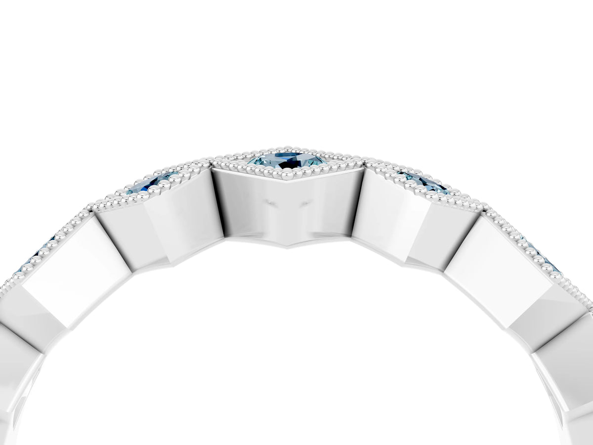 Round Aquamarine Square Bezel Chevron Band in Platinum with Milgrain Detailing