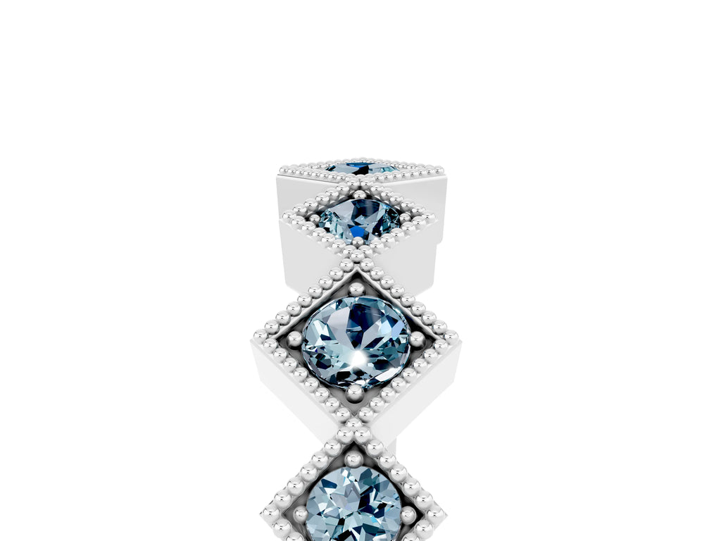 Round Aquamarine Square Bezel Chevron Band in Platinum with Milgrain Detailing
