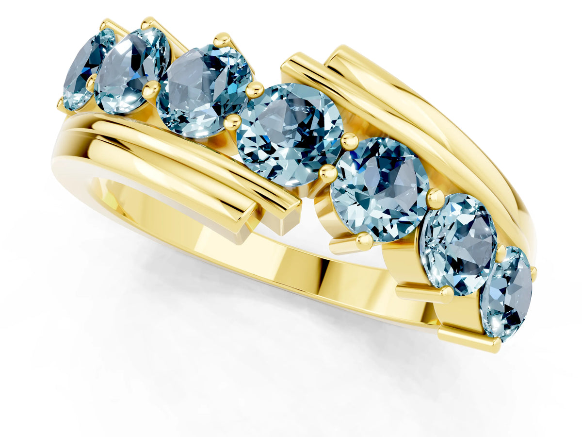 Round Aquamarine Wave Band in Yellow gold with Channel and Shared Prong Setting