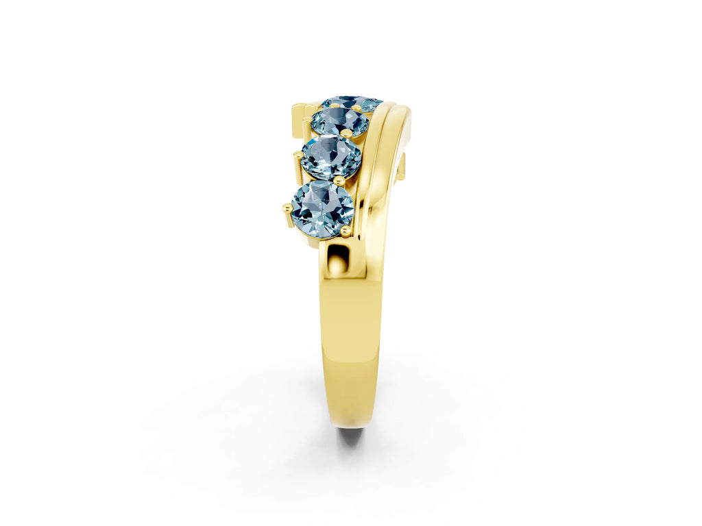 Round Aquamarine Wave Band in Yellow gold with Channel and Shared Prong Setting