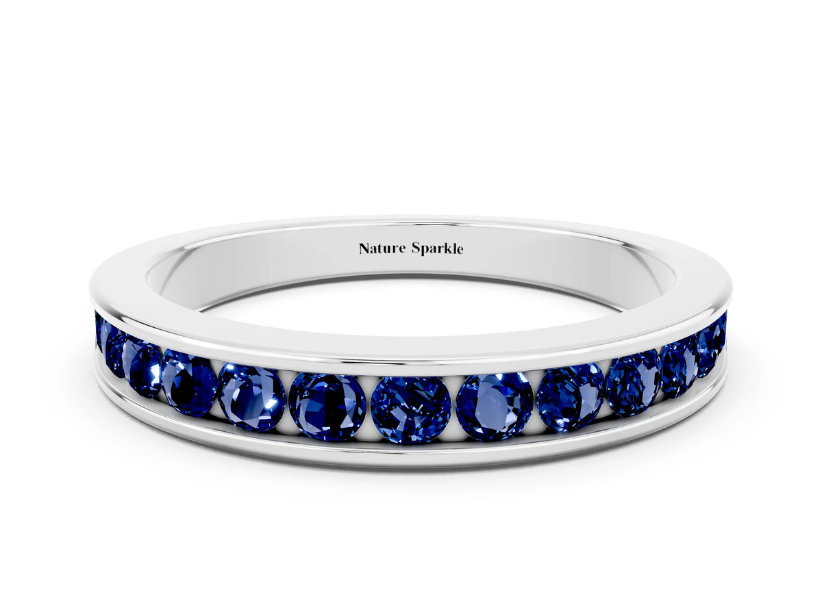 Round Blue Sapphire Eternity Band in Platinum with Smooth Channel Setting