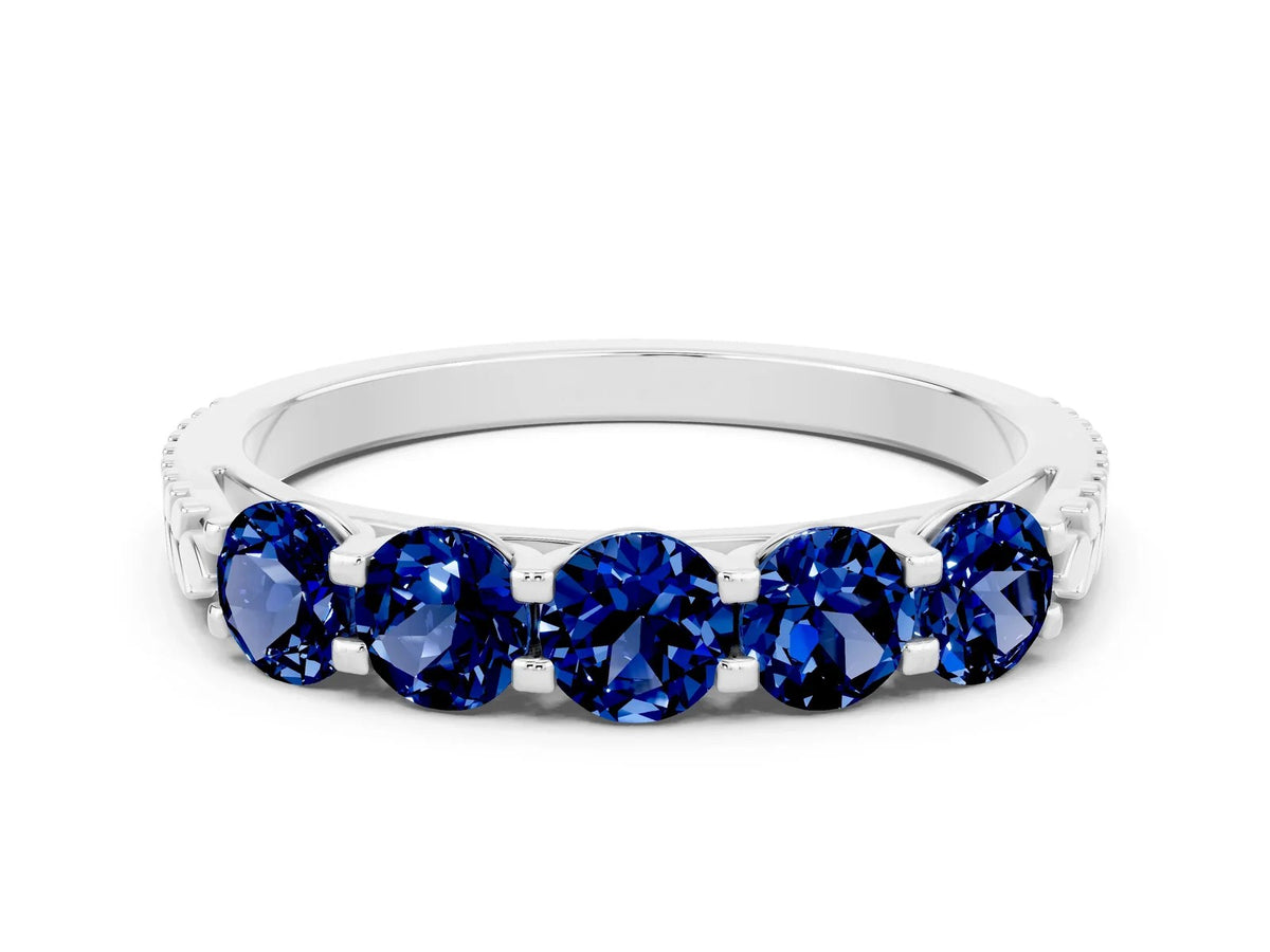 Round Blue Sapphire Five-Stone Band in Silver with Prong Setting 