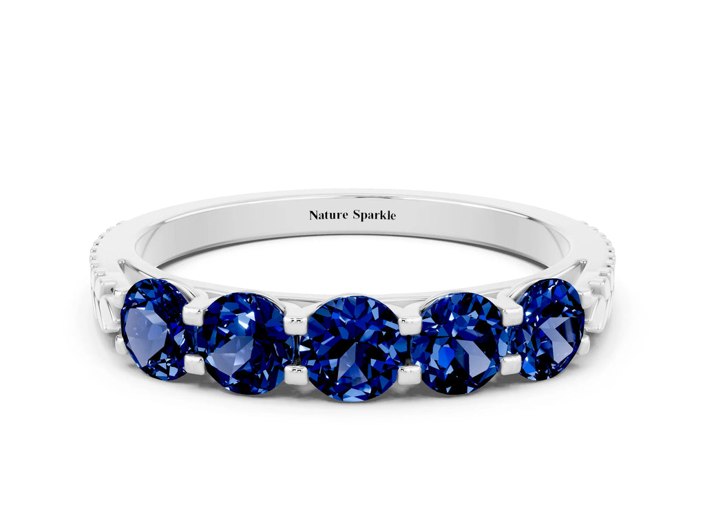 Round Blue Sapphire Five-Stone Band in Silver with Prong Setting