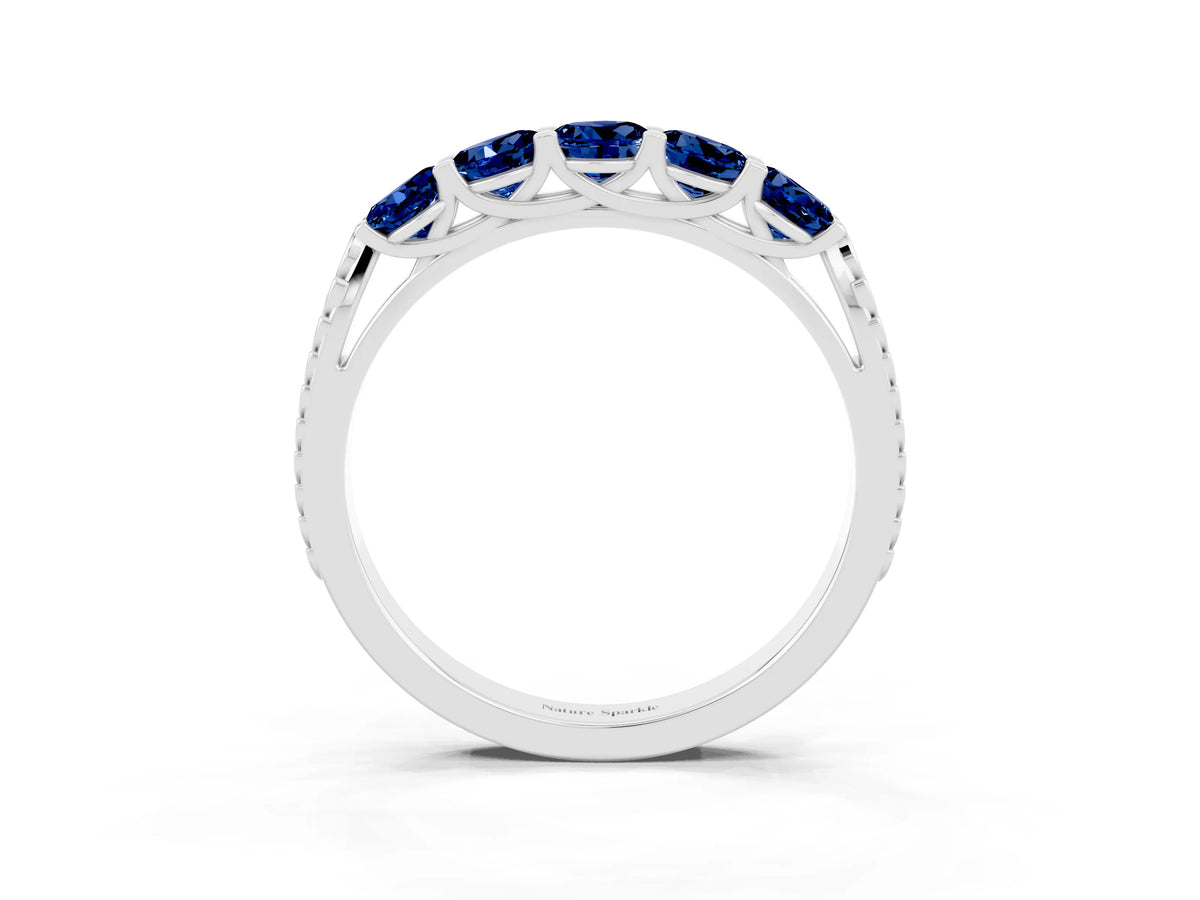 Round Blue Sapphire Five-Stone Band in Silver with Prong Setting