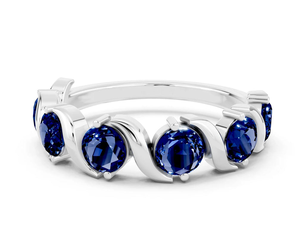 Round Blue Sapphire Half Eternity Band in Platinum with Wave Prong Setting 