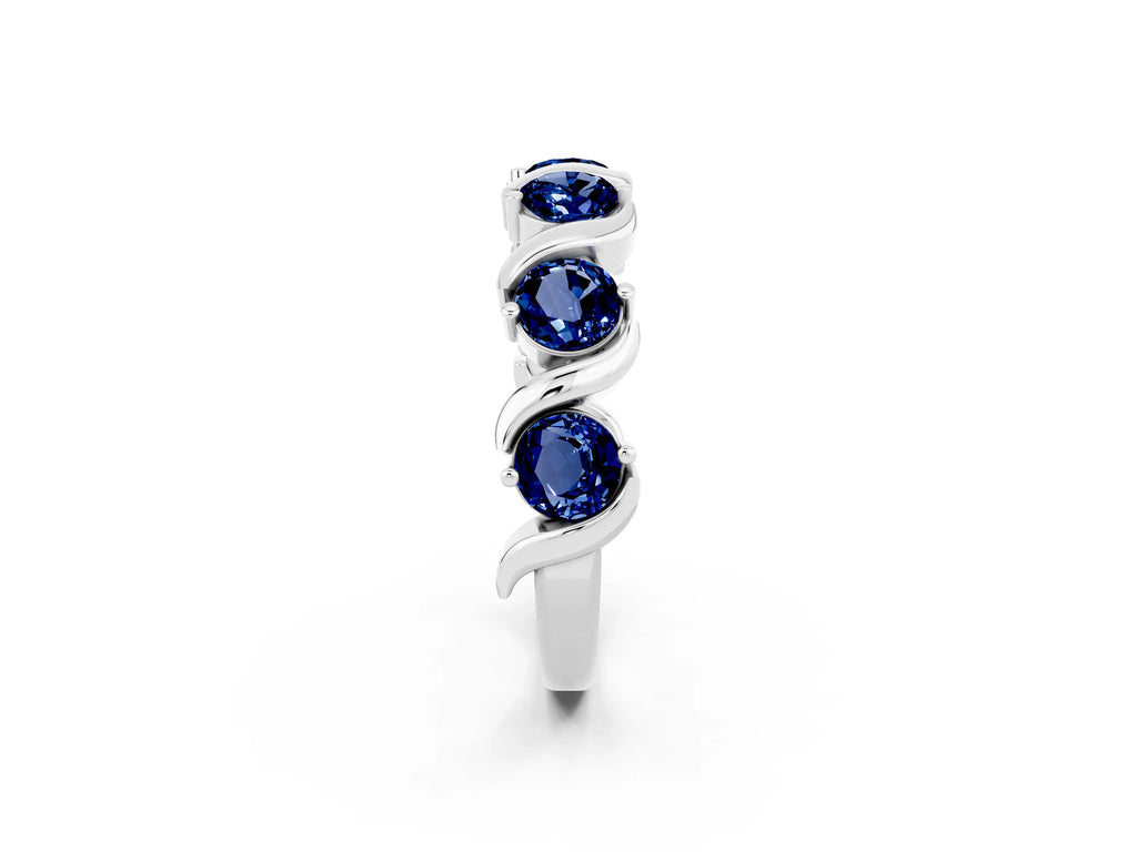 Round Blue Sapphire Half Eternity Band in Platinum with Wave Prong Setting