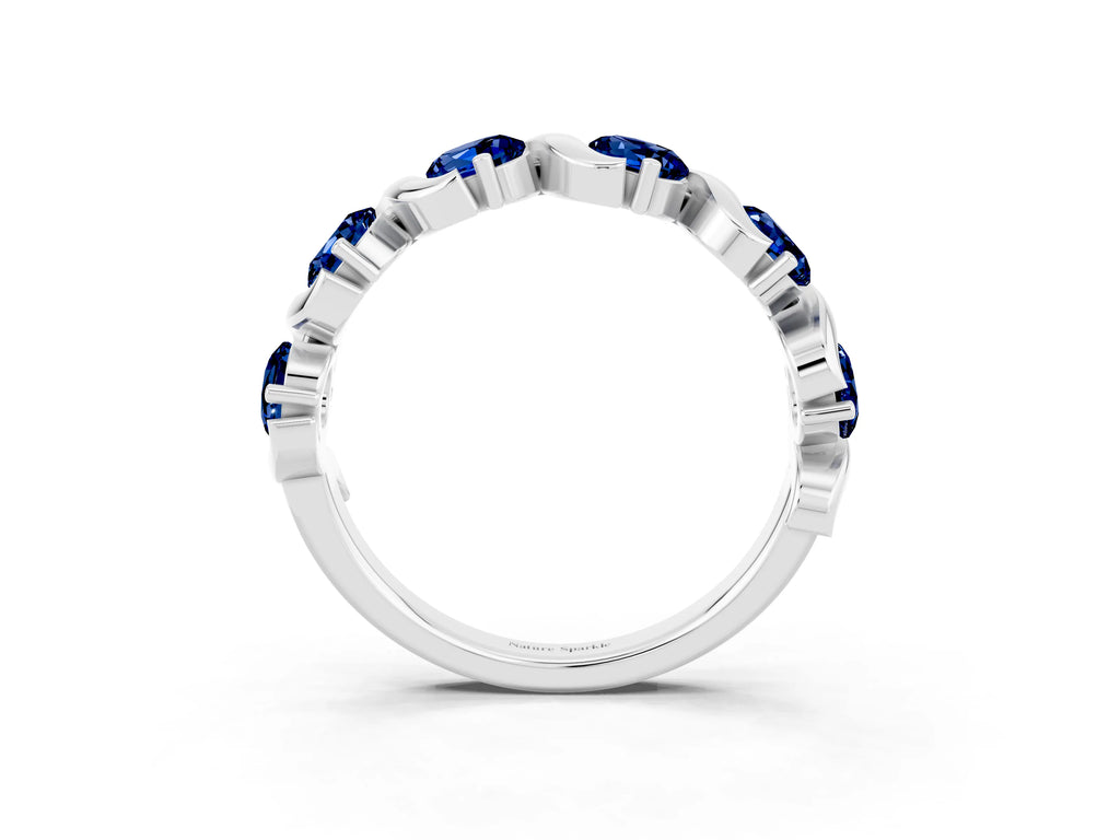 Round Blue Sapphire Half Eternity Band in Platinum with Wave Prong Setting