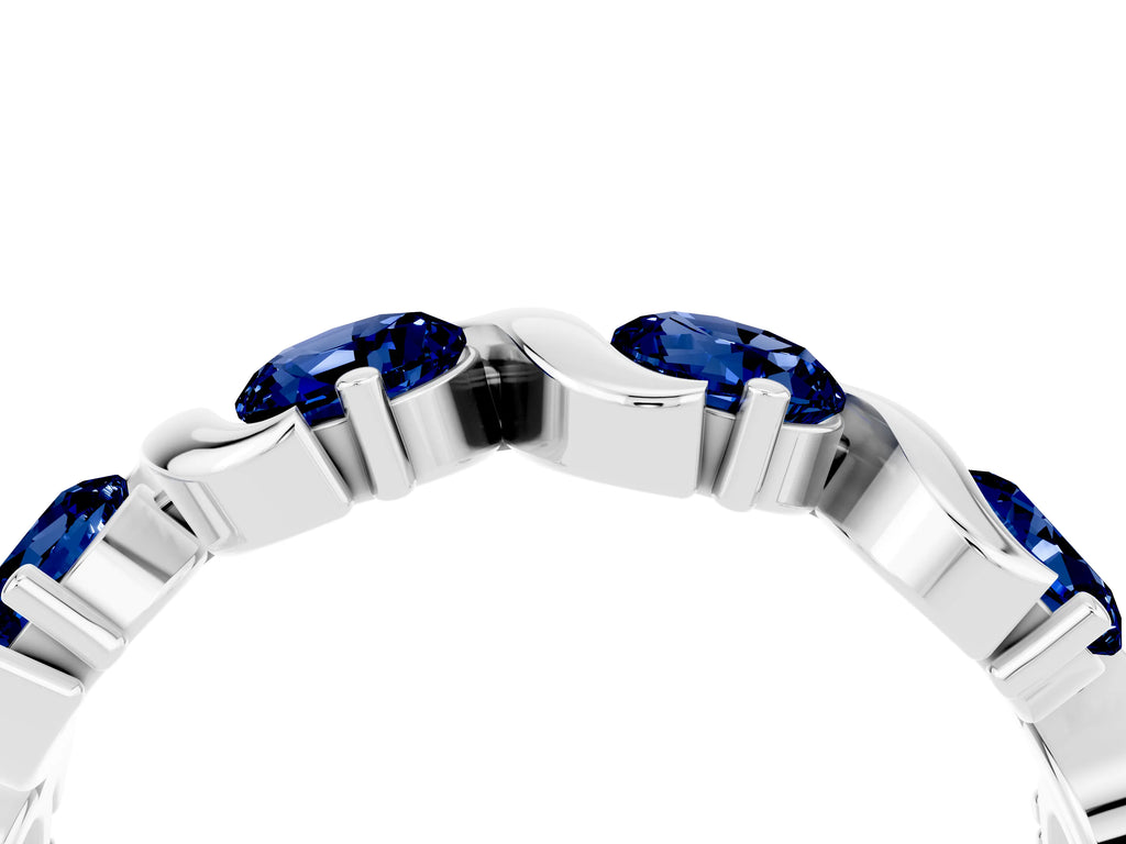 Round Blue Sapphire Half Eternity Band in Platinum with Wave Prong Setting