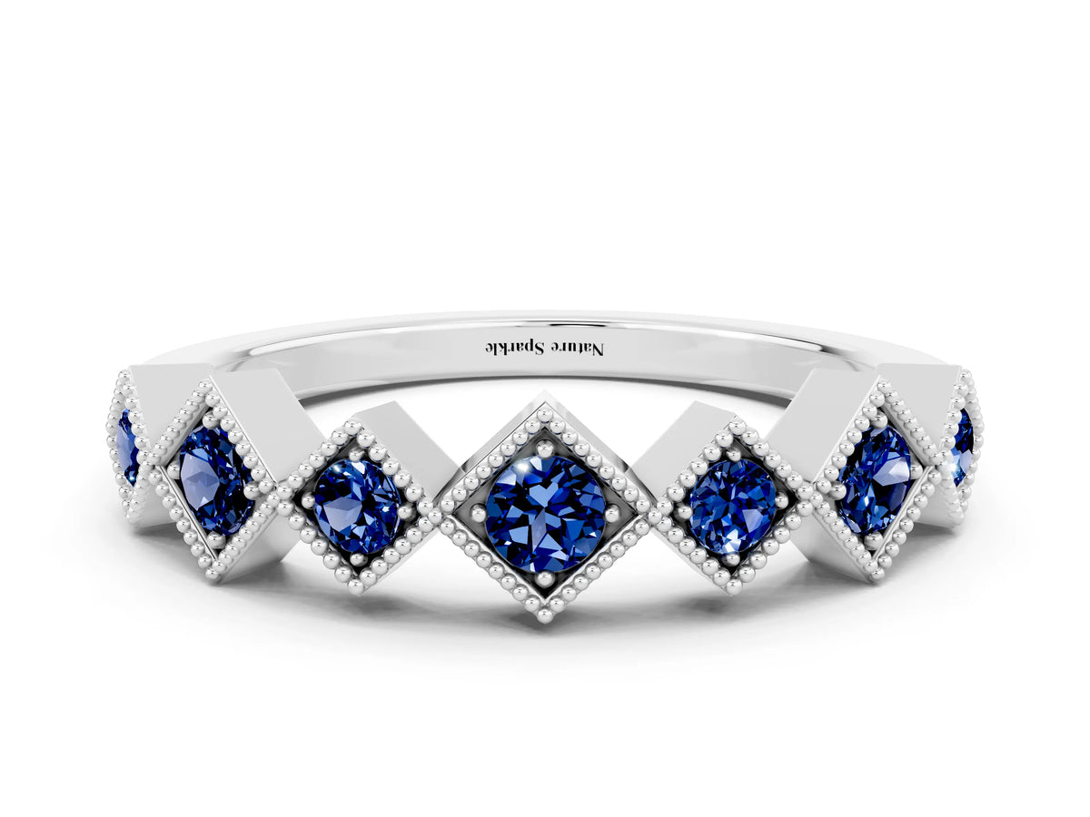 Round Blue Sapphire Square Bezel Chevron Band in Platinum with Milgrain Detailing