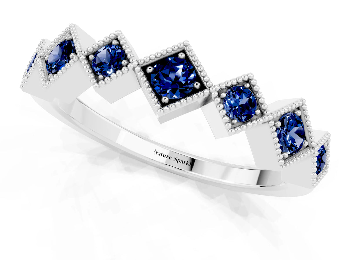 Round Blue Sapphire Square Bezel Chevron Band in Platinum with Milgrain Detailing