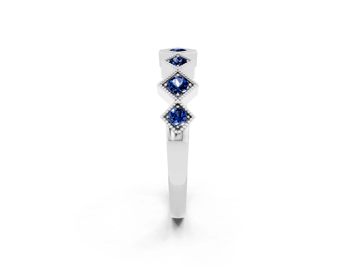 Round Blue Sapphire Square Bezel Chevron Band in Platinum with Milgrain Detailing