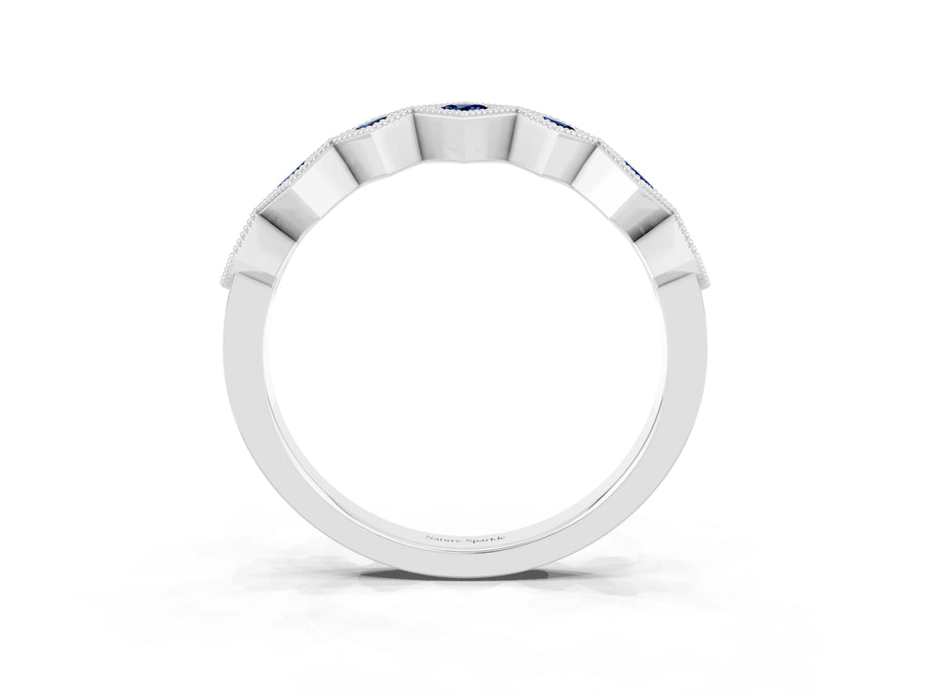Round Blue Sapphire Square Bezel Chevron Band in Platinum with Milgrain Detailing